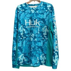 Huk Icon X Blue Camo Performance Long Sleeve Fishing Shirt Sz L